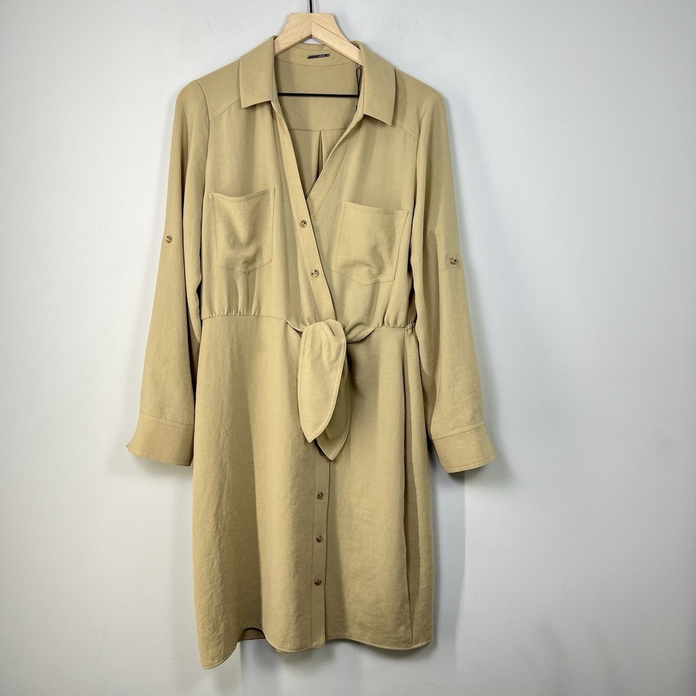 Elie Tahari Sandcastle Beige Button Tie Shirt Dress NWT Size 10 E501F604‎